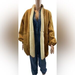 OSCAR DE LA RENTA Tan Vintage Suede Leather Soft Shearling Coat- Large